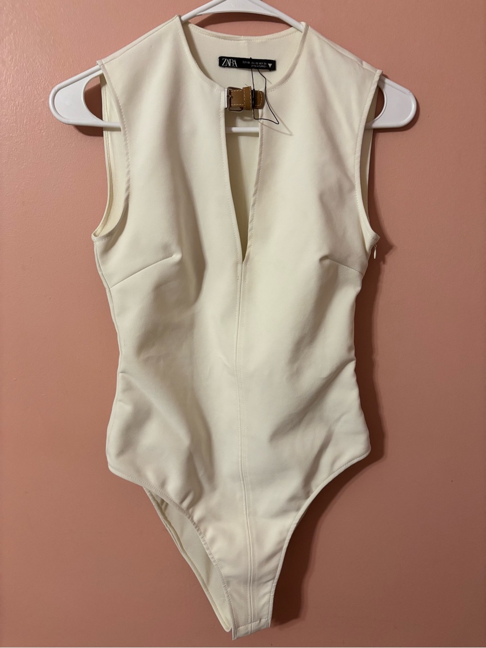 Zara Cream Sleeveless Bodysuit with Front Buckle Detail